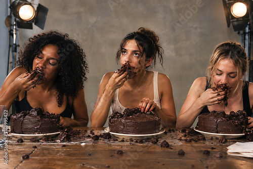 three women eating cake, in a photo shoot