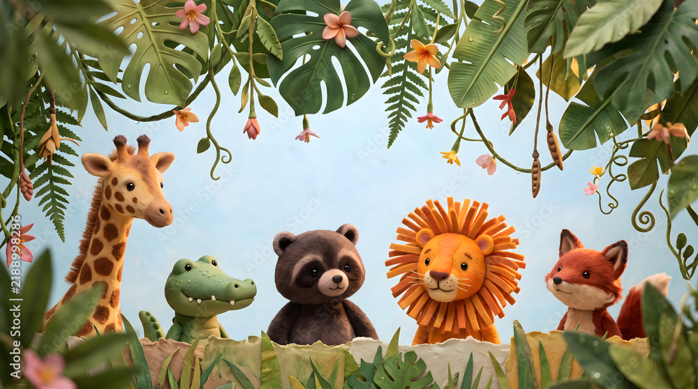 Fototapeta premium Cute cartoon animals including a giraffe, crocodile, raccoon, lion, and fox in a lush tropical jungle setting.