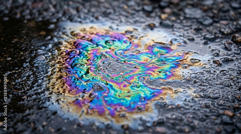 Obraz premium Colorful Oil Slick on Asphalt Puddle, Iridescent Rainbow Sheen