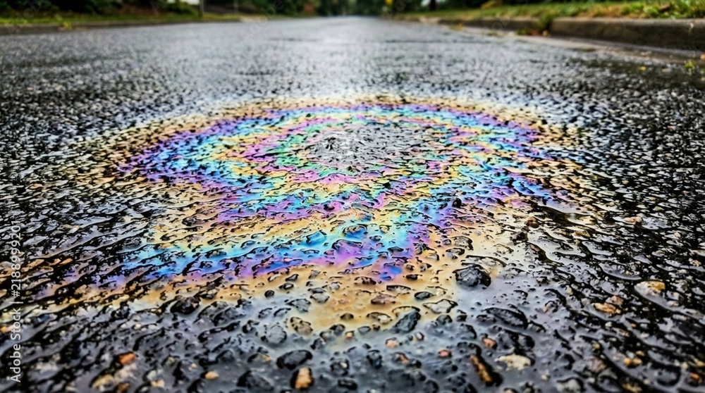 Obraz premium Colorful Oil Slick on Wet Asphalt Road