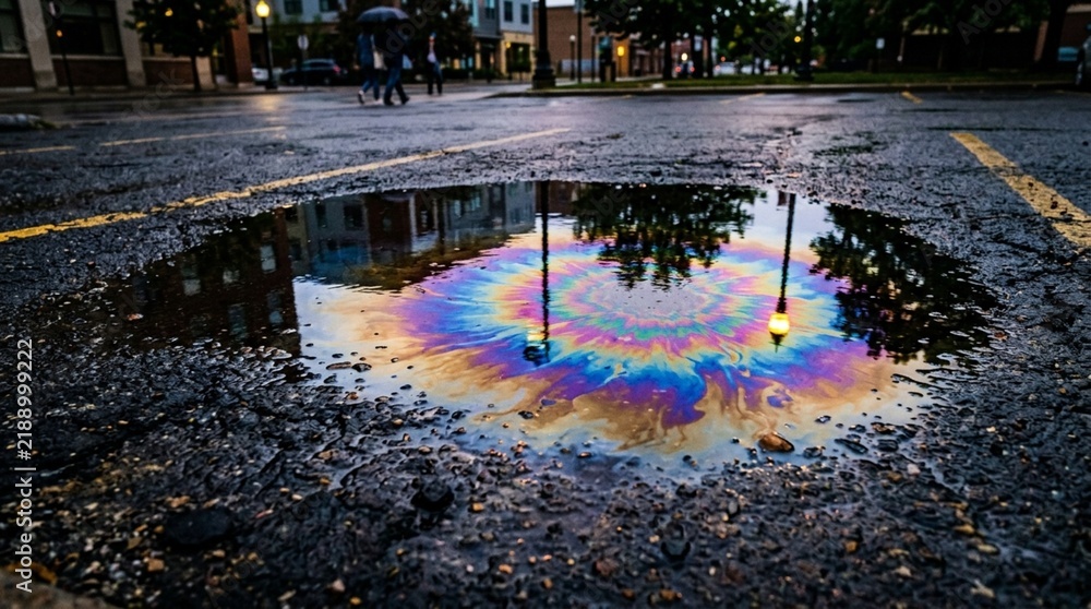 Obraz premium Colorful oil slick on wet asphalt, urban reflection, abstract pattern