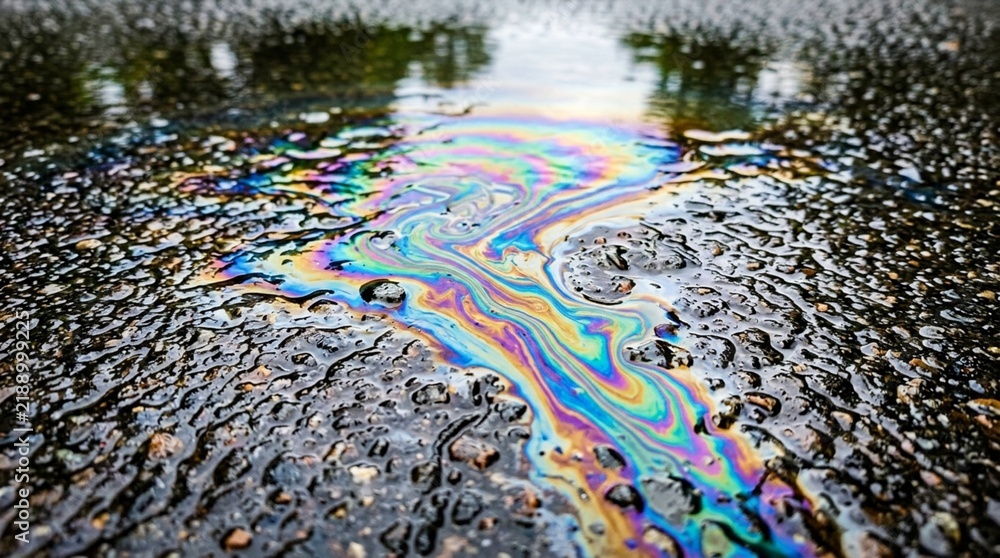 Obraz premium Colorful oil slick on wet asphalt, abstract pattern, pollution, environmental concept