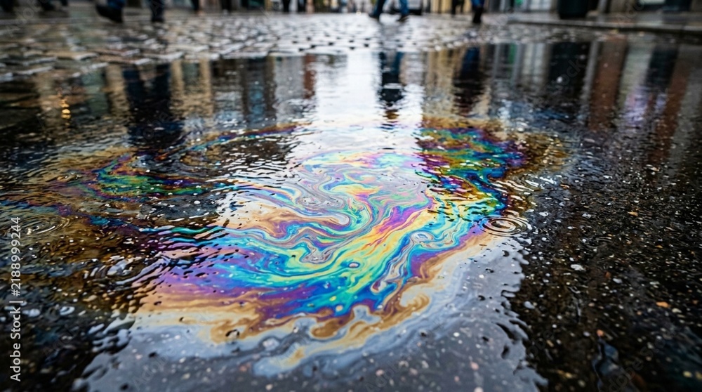 Obraz premium Colorful oil slick on wet pavement with reflections, urban pollution concept