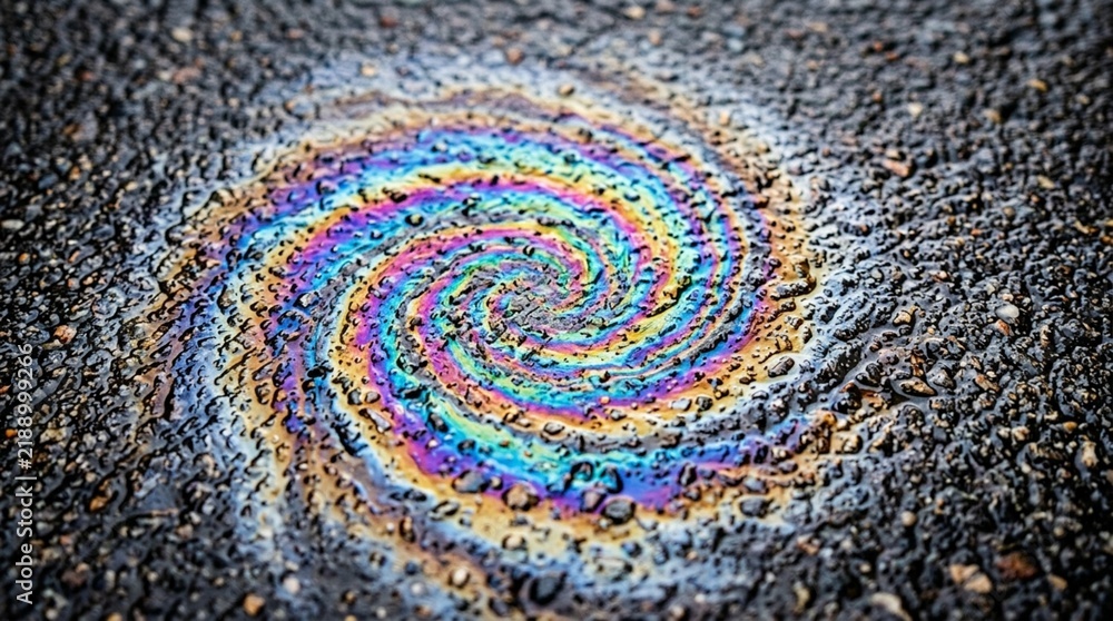 Obraz premium Colorful oil slick spiral on asphalt road surface
