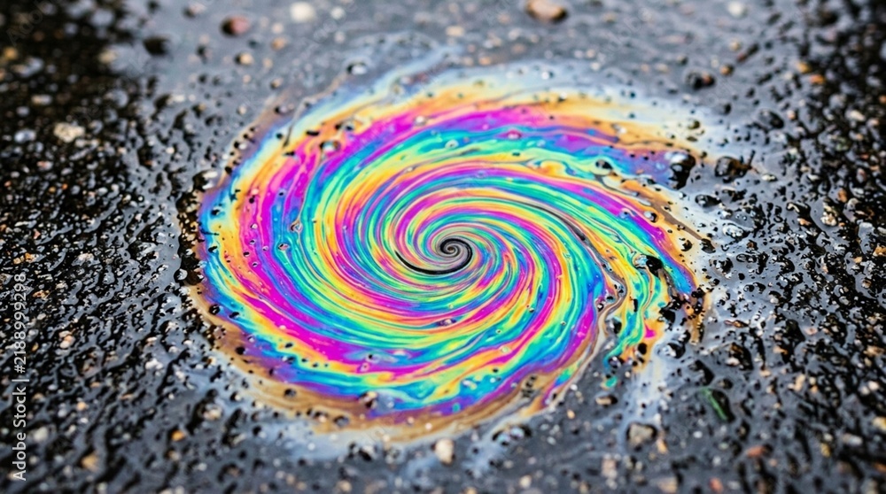 Obraz premium Colorful oil slick swirl on asphalt, abstract rainbow pattern, close-up