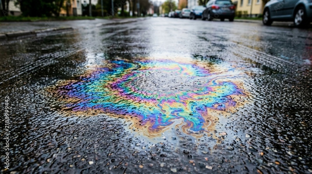 Obraz premium Colorful Oil Spill on Wet Asphalt Road, Reflections, Urban Street