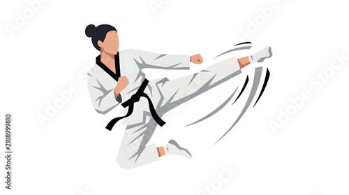 Cuadro en lienzo A young woman performing a powerful high kick while wearing a traditional martial arts uniform