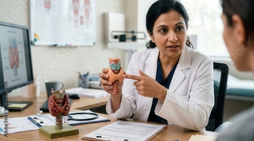 Doctor Explains Thyroid Anatomy To Patient In Consultation Room