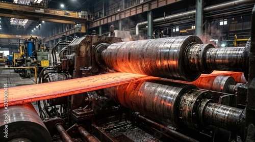 Hot steel sheet being processed through industrial rolling mill machinery in a factory setting