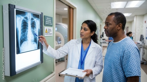 Doctor Explains X-ray Results To Patient In Hospital Corridor