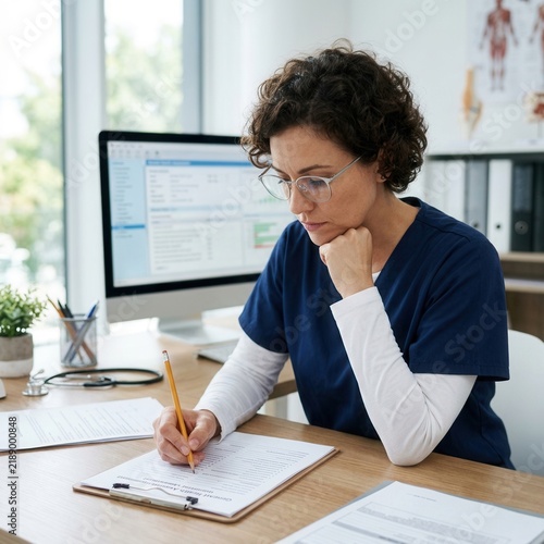 Focused Nurse Working At Desk Documenting Patient Care And Health Records