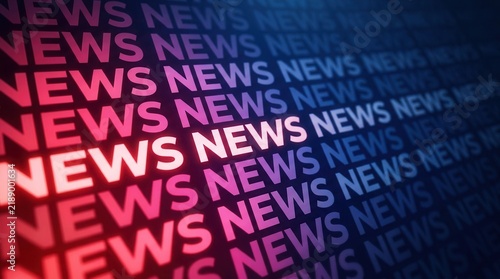Abstract red and blue news background with repetitive typography.