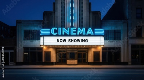 Retro cinema building facade with blue neon lights and a Now Showing marquee sign at night.
