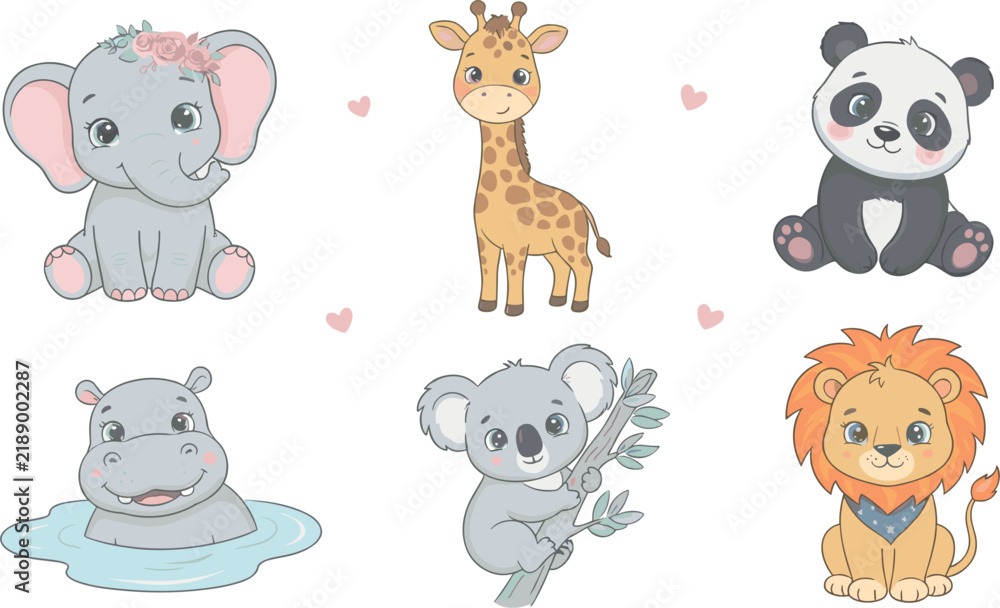 Naklejka premium Cute Baby Jungle Animals Character Set with Elephant Giraffe Panda Hippo Koala and Lion for Kids Nursery Graphic Designs Vector Illustration