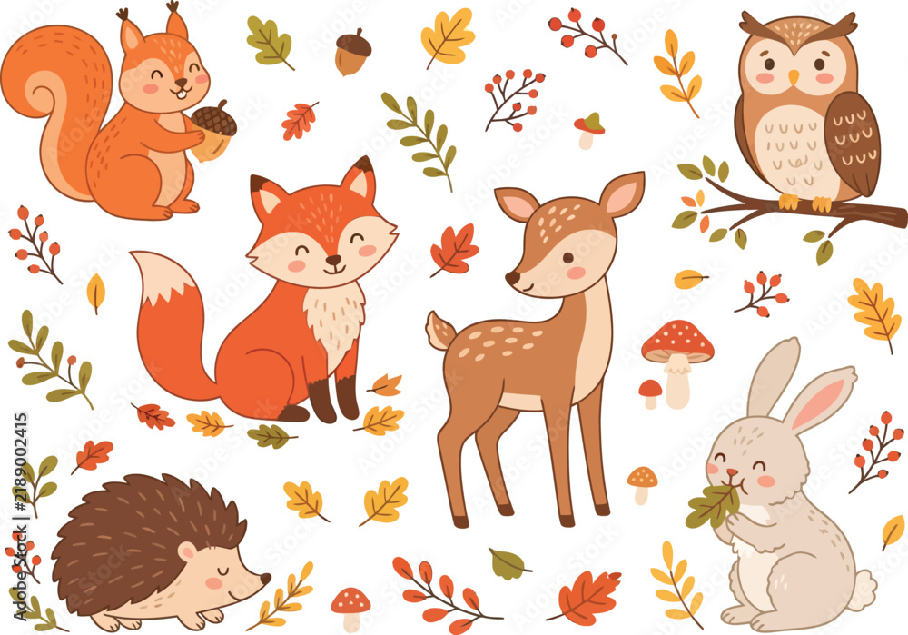 Fototapeta premium Cute woodland animals collection featuring a squirrel fox deer owl hedgehog and rabbit.