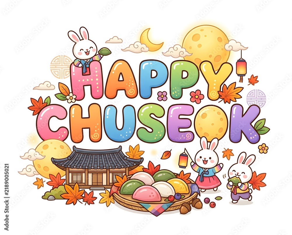 Fototapeta premium Happy Chuseok Korean Thanksgiving Festival Cartoon Illustration with Cute Rabbits, Traditional Hanok, Songpyeon and Autumn Harvest. 