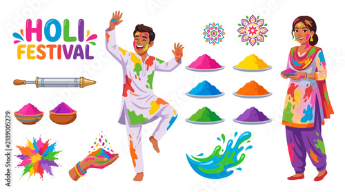 Holi festival of colors celebration set with dancing people and gulal powder
