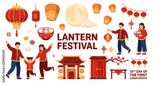 Chinese Lantern Festival celebration set with traditional food and red lanterns