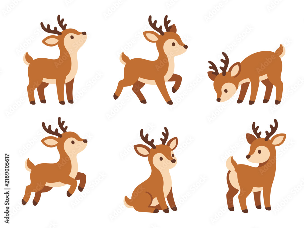 Obraz premium Cute deer characters in various poses and actions simple vector art
