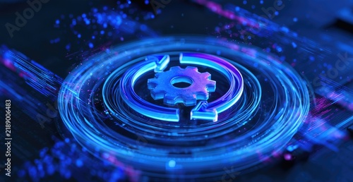 Glowing blue gears and circular arrows symbolize digital automation and workflow