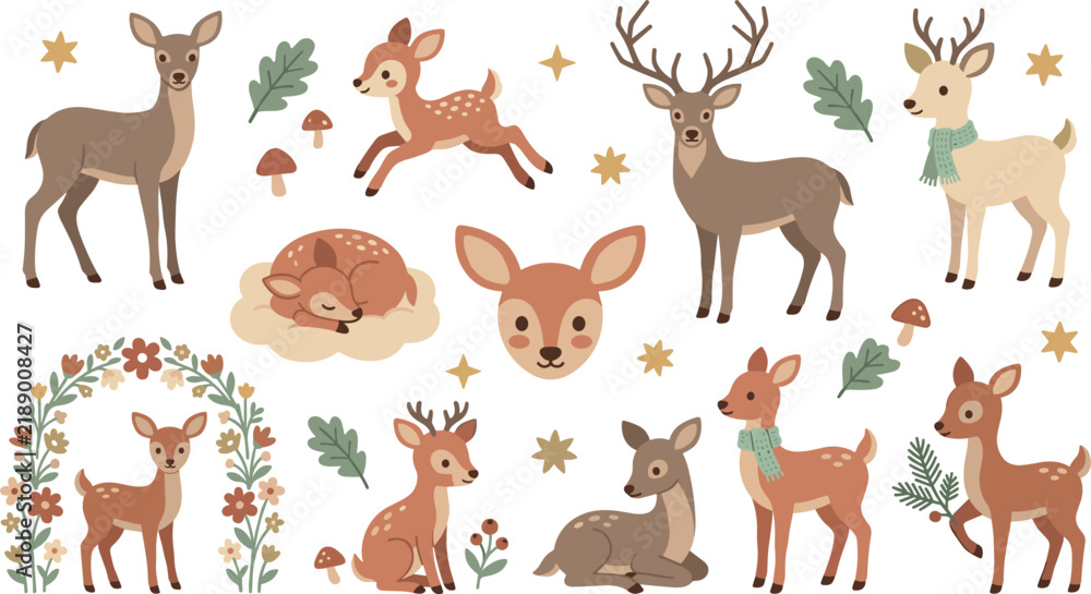 Obraz premium Cute Cartoon Woodland Deer and Fawn Clipart Set with Majestic Stag Spotted Calves Winter Scarves and Forest Elements for Kids Graphic Designs Vector Illustration