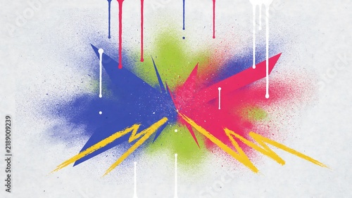 Abstract graffiti with vibrant blue, pink, green, and yellow spray paint explosion, drips, and zigzag lines on a textured white wall.