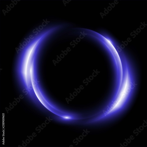 Abstract glowing purple light ring with soft lens flare effect isolated on a deep black background