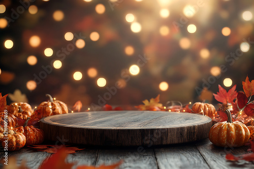 3D Rendered Rustic Wooden Product Display Podium with Mini Pumpkins and Golden Bokeh for Autumn Mockup