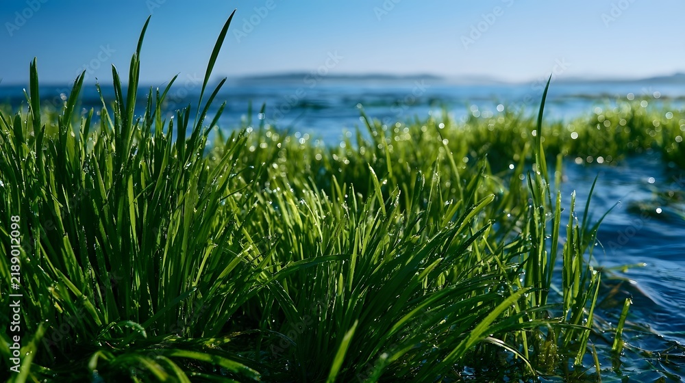 Fototapeta premium Vibrant green seagrass blades glisten with dewdrops at water s edge under clear blue sky with distant horizon