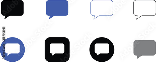 Speech bubble message icon set featuring solid and outline versions in blue black and white colors for communication design.