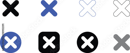 Set of cross mark icons in black blue and white variations for user interface design.