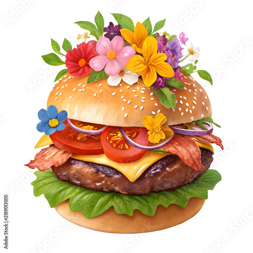 Gourmet Hamburger with Fresh Edible Flowers and Herbs in Studio Lighting