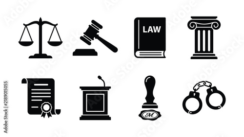 Law Firm and Legal Justice System Icon Set, Courthouse Attorney Vector Symbols