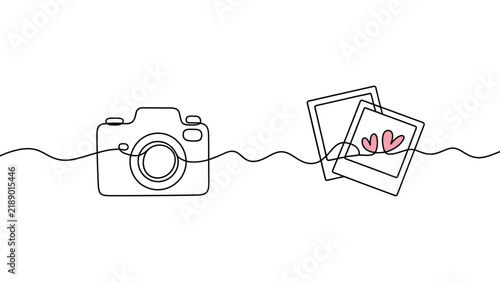 Continuous line art featuring digital camera and two polaroid frames with small pink heart symbols with displays minimalist continuous