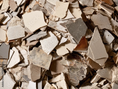 Close-up of a textured pile of broken ceramic tile fragments