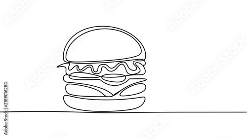 Minimalist continuous line drawing of a tasty hamburger on a plain white background surface with classic hamburger centered
