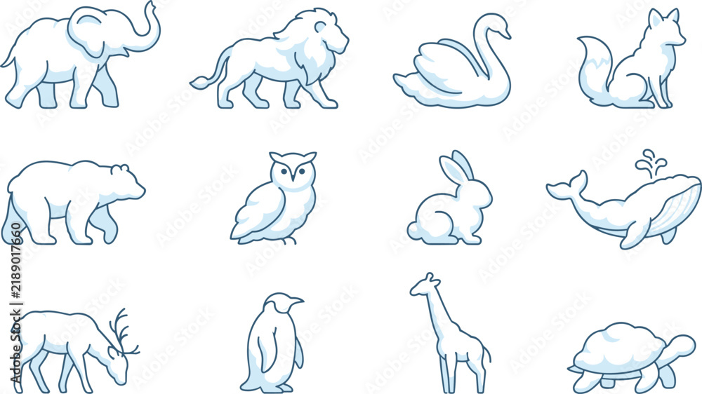 Obraz premium Winter Animal Snow Sculpture Icon Set Featuring Elephant, Lion, Swan, Polar Bear, Owl, Penguin, and Whale for Arctic Wildlife Graphic Designs