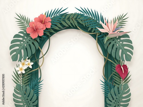 Tropical floral archway made of layered paper with hibiscus, monstera leaves, and exotic flowers on a soft cream background, for wedding decor.