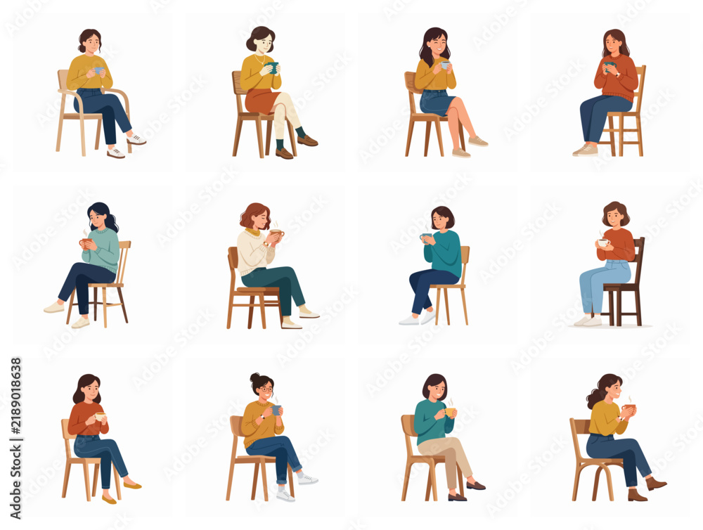 Fototapeta premium Young Women Sitting On Chairs Drinking Hot Coffee Or Tea Set