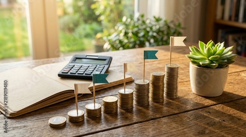 Rising stacks of coins with flags representing financial growth and investment milestones on a wooden table with a calculator