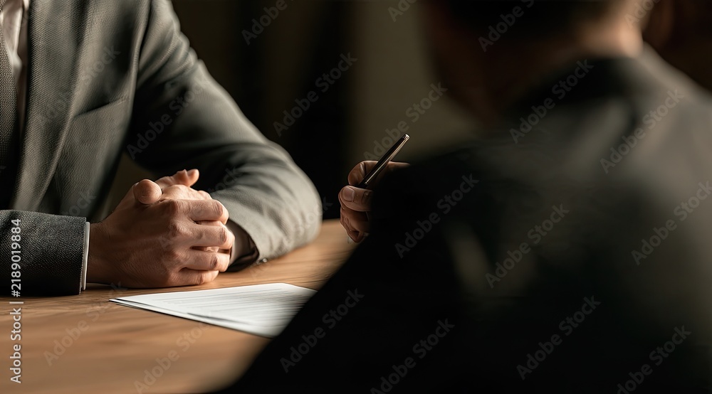 Fototapeta premium Two individuals in formal attire at a table with documents and a pen