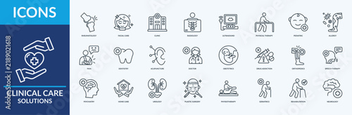 Clinical Care Solutions - Icon Collection. Thin Outline Set contains such Icons radiology, ultrasound, physical therapy and more. Simple web icons set