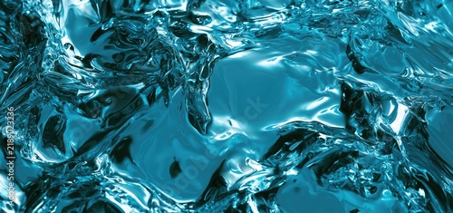 A detailed, abstract close-up of flowing, iridescent cyan liquid, with high reflectivity and varied textures