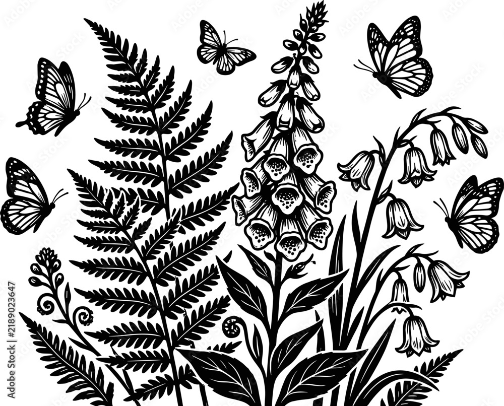 Fototapeta premium Black and white botanical illustration of butterflies and wild flowers on transparent background