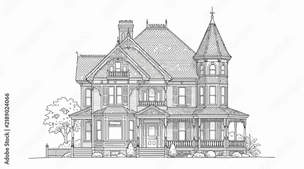 Obraz premium Victorian Mansion House Architecture Sketch Line Art for Coloring Book