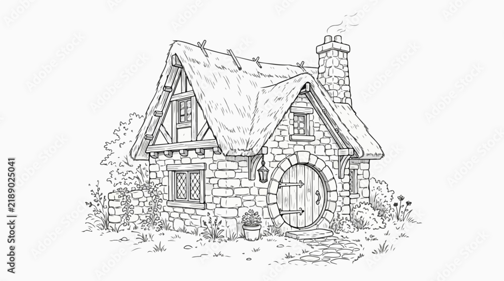 Fototapeta premium Hand-drawn whimsical fantasy stone cottage with thatched roof line art