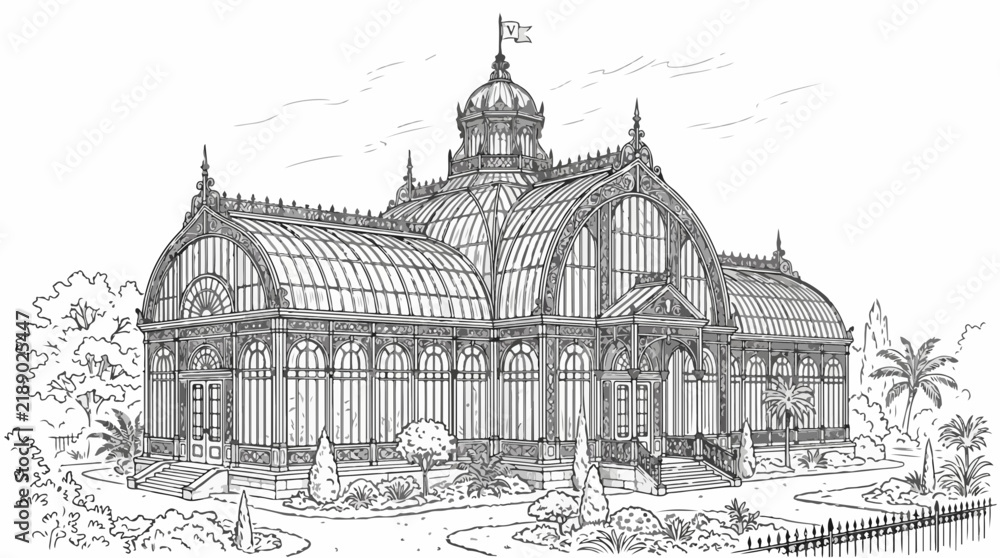 Obraz premium Ornate Victorian glass conservatory line art coloring page illustration