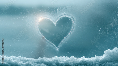 Intricate heart shaped frost pattern on glass surface with snowy ground in winter scene.