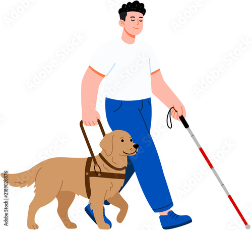 Blind man walking with helper guide dog and cane for visual navigation assistance