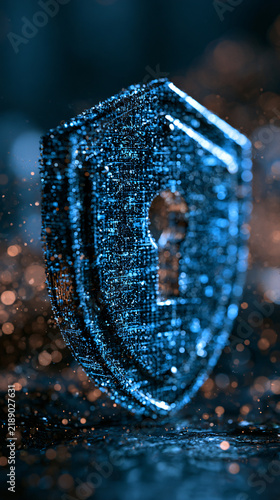 Abstract cyber security concept with glowing blue digital shield and keyhole symbol representing data protection and network safety